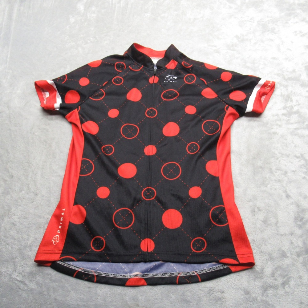 Primal Cycling Jersey Unisex Large Black Polka Dots Full Zip Raglan‎ Sleeve